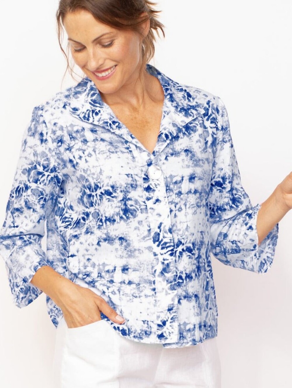 Habitat Batik Linen Blend Top Size XL Blue And White Shell Buttons Lagenlook